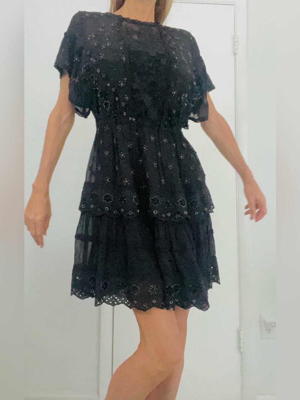 LOVE SAM Black Boho Gold Design Angel Sleeve Frill Hem Dress + Italian Slip XS/S